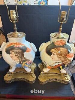 Pair Of Antique VICTORIAN URN Style Porcelain Lamps Courting Couple 31 Tall