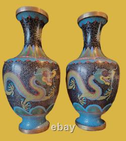 Pair Of Antique/vintage Chinese Cloisonne Vases Dragon Chasing Flaming Pearl