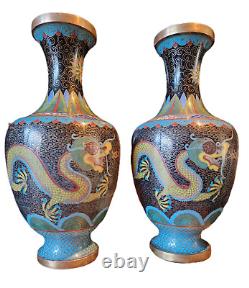 Pair Of Antique/vintage Chinese Cloisonne Vases Dragon Chasing Flaming Pearl