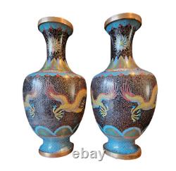 Pair Of Antique/vintage Chinese Cloisonne Vases Dragon Chasing Flaming Pearl