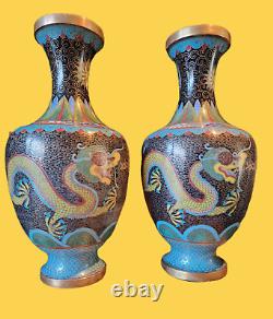 Pair Of Antique/vintage Chinese Cloisonne Vases Dragon Chasing Flaming Pearl