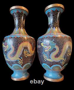 Pair Of Antique/vintage Chinese Cloisonne Vases Dragon Chasing Flaming Pearl
