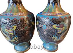 Pair Of Antique/vintage Chinese Cloisonne Vases Dragon Chasing Flaming Pearl