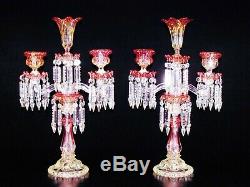 Pair Of Antiques Two Light & Vase Baccarat Amberine Candelabra / Candle Holder