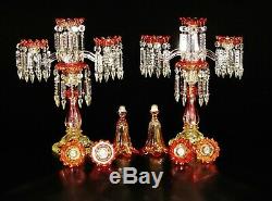 Pair Of Antiques Two Light & Vase Baccarat Amberine Candelabra / Candle Holder