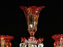 Pair Of Antiques Two Light & Vase Baccarat Amberine Candelabra / Candle Holder