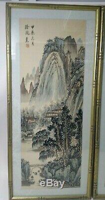 Pair Of Asian Watercolors On Silk Framed Matted By Walter Philadelphia Signed