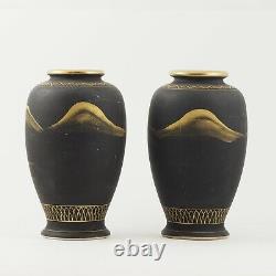 Pair Of Black Matte Gilt Gold Japanese Satsuma Mt Fuji Vases Signed /g