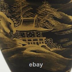 Pair Of Black Matte Gilt Gold Japanese Satsuma Mt Fuji Vases Signed /g