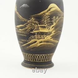 Pair Of Black Matte Gilt Gold Japanese Satsuma Mt Fuji Vases Signed /g