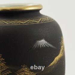 Pair Of Black Matte Gilt Gold Japanese Satsuma Mt Fuji Vases Signed /g