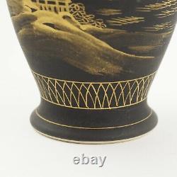 Pair Of Black Matte Gilt Gold Japanese Satsuma Mt Fuji Vases Signed /g