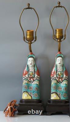 Pair Of Chinese Famille Rose Figures Of Guanyin Lamped Qing Dynasty 19th Century