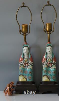 Pair Of Chinese Famille Rose Figures Of Guanyin Lamped Qing Dynasty 19th Century