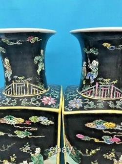 Pair Of Chinese Famille Verte Enamel Square Vases, Hand Painted