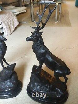 Pair Of Facing Monarch Of The Glen Bronze Stags Signed Moigniez