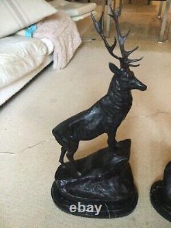 Pair Of Facing Monarch Of The Glen Bronze Stags Signed Moigniez