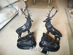 Pair Of Facing Monarch Of The Glen Bronze Stags Signed Moigniez