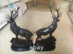 Pair Of Facing Monarch Of The Glen Bronze Stags Signed Moigniez