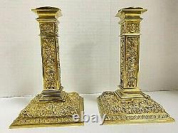 Pair Of French Antique Bronze Candlesticks Cherubs Louis XIV Signed