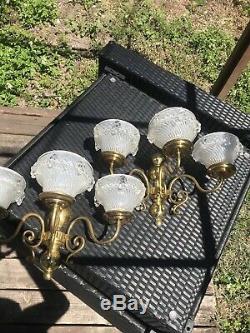 Pair Of French Art Deco Signed Ezan France Brass & Wall Sconces Grapes