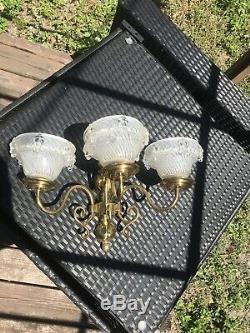 Pair Of French Art Deco Signed Ezan France Brass & Wall Sconces Grapes