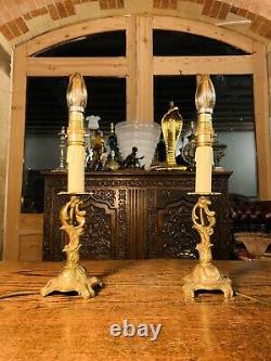 Pair Of Gilded Rococo Table Lamps, Signed Carl J, Louis XVI French Empire