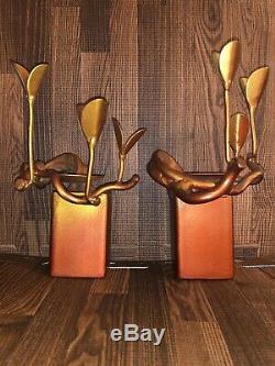 Pair Of Heavy Mid Century Modern Brutalist Candle Holders Sticks Signed