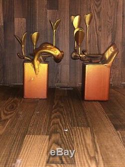Pair Of Heavy Mid Century Modern Brutalist Candle Holders Sticks Signed
