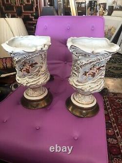 Pair Of Italian Antique Table Uplight Torchieres Cherubs, Signed. Bacchus Putti