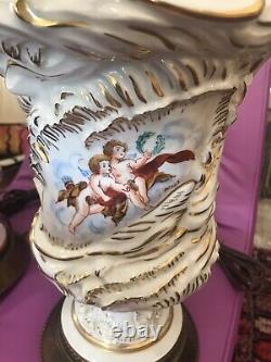 Pair Of Italian Antique Table Uplight Torchieres Cherubs, Signed. Bacchus Putti