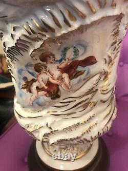 Pair Of Italian Antique Table Uplight Torchieres Cherubs, Signed. Bacchus Putti