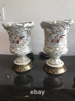 Pair Of Italian Antique Table Uplight Torchieres Cherubs, Signed. Bacchus Putti