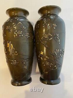 Pair Of Japanese Mixed Metal Vases, Signed Nogawa, Meiji Period