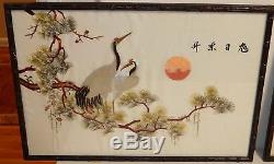 Pair Of Japanese Silk Birds On Bonsai Tree Embroidery Tapestry Paintings Signed