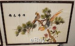 Pair Of Japanese Silk Birds On Bonsai Tree Embroidery Tapestry Paintings Signed