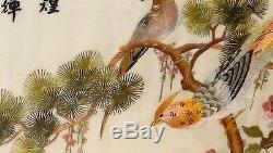 Pair Of Japanese Silk Birds On Bonsai Tree Embroidery Tapestry Paintings Signed