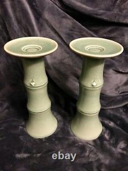 Pair Of Korean Celadon Crackle Glaze Bamboo Candle Pillars 10.75 Signed