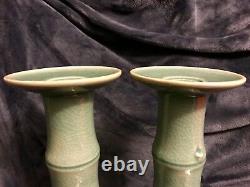 Pair Of Korean Celadon Crackle Glaze Bamboo Candle Pillars 10.75 Signed