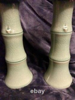 Pair Of Korean Celadon Crackle Glaze Bamboo Candle Pillars 10.75 Signed