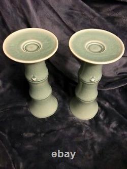 Pair Of Korean Celadon Crackle Glaze Bamboo Candle Pillars 10.75 Signed