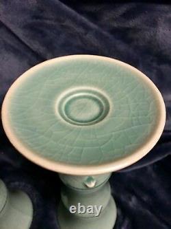 Pair Of Korean Celadon Crackle Glaze Bamboo Candle Pillars 10.75 Signed