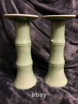 Pair Of Korean Celadon Crackle Glaze Bamboo Candle Pillars 10.75 Signed