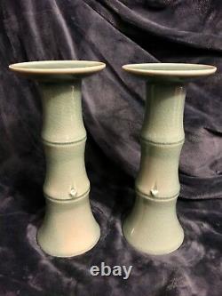 Pair Of Korean Celadon Crackle Glaze Bamboo Candle Pillars 10.75 Signed