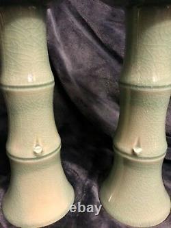 Pair Of Korean Celadon Crackle Glaze Bamboo Candle Pillars 10.75 Signed