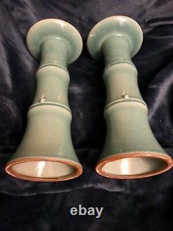 Pair Of Korean Celadon Crackle Glaze Bamboo Candle Pillars 10.75 Signed