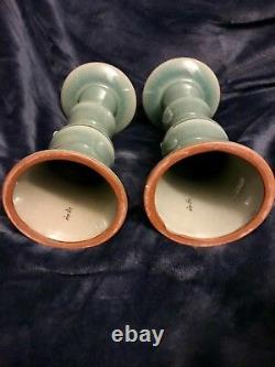 Pair Of Korean Celadon Crackle Glaze Bamboo Candle Pillars 10.75 Signed