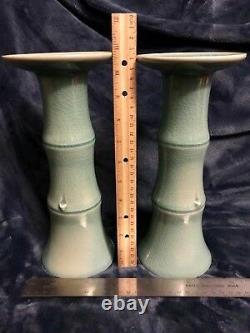 Pair Of Korean Celadon Crackle Glaze Bamboo Candle Pillars 10.75 Signed