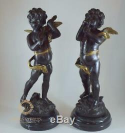 Pair Of Large Antique Bronze Putti Musicians After Louis Auguste Moreau Signed