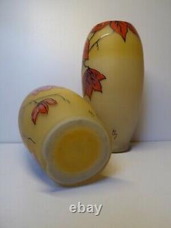 Pair Of Large Glass Vases Hand Painted Signed Ely Art Deco Period Enameled